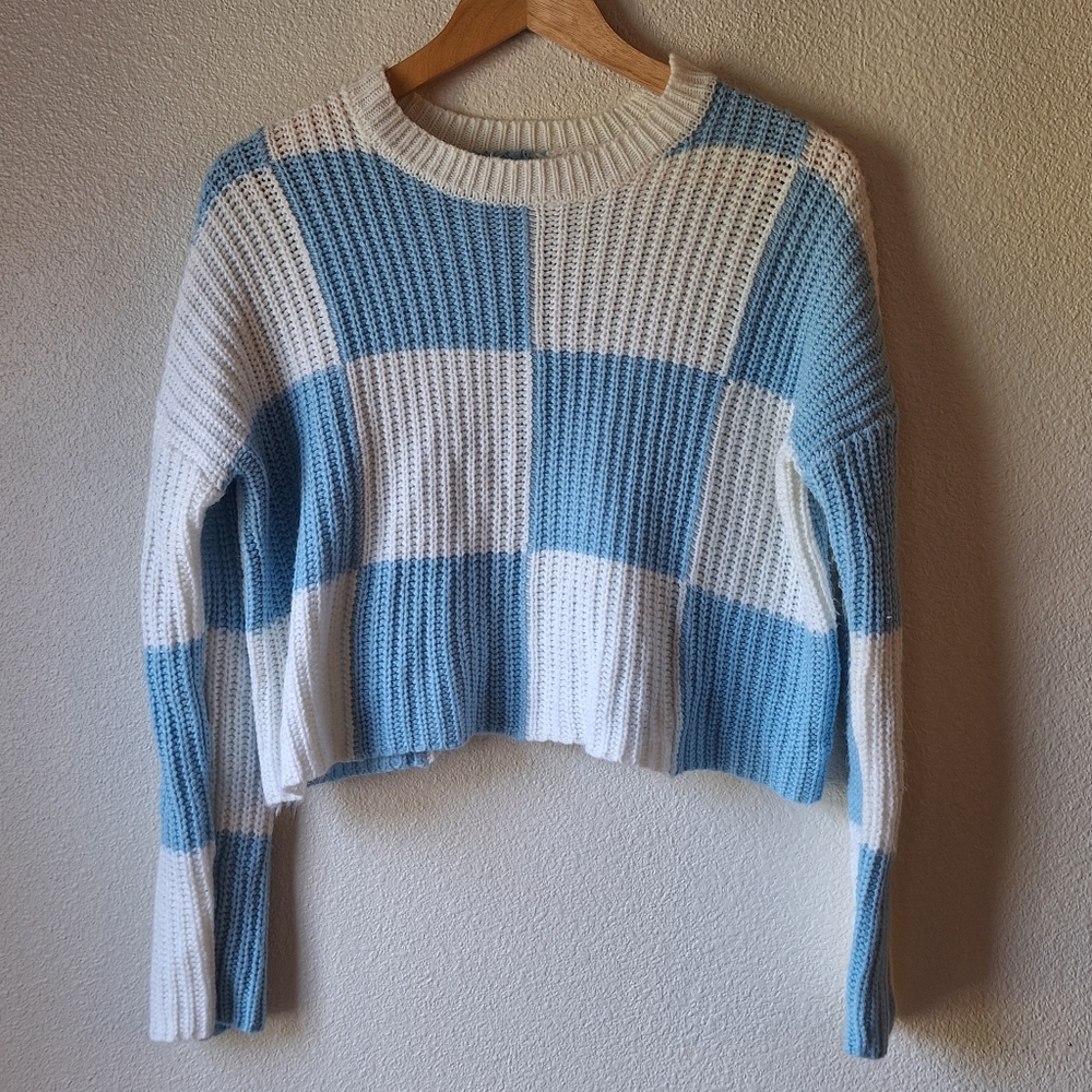MOON & MADISON Knitted Checkered Pullover Cropped Sweater In Blue & White Sz XS